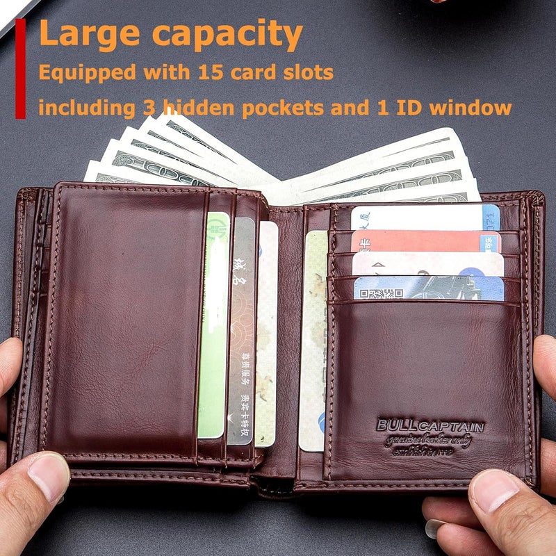 BULLCAPTAIN Large Capacity Genuine Leather Bifold Wallet/Credit Card Holder for Men with 15 Card Slots QB-027 - Image 3