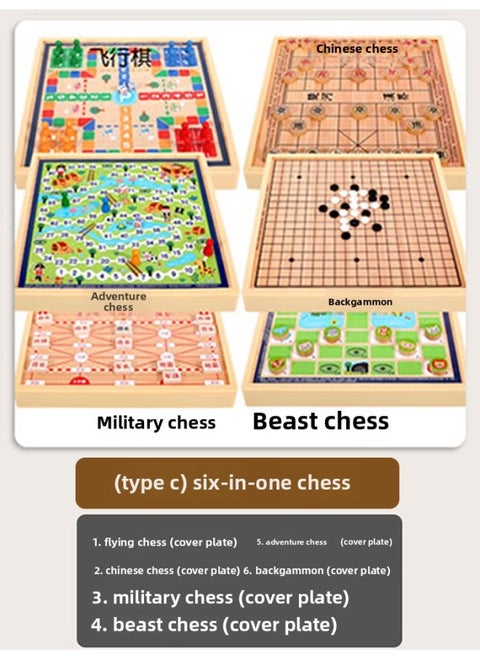 Children's Flying Chess Checkers Multi-functional One Chessboard Gobang Go Cards Colosseum Chess Combination Toys-Colour:◎Six-in-one C Model [backgammon + Chess + Beast Chess + Flying Chess + Adventure Chess + Military Chess] 30x30cm◎