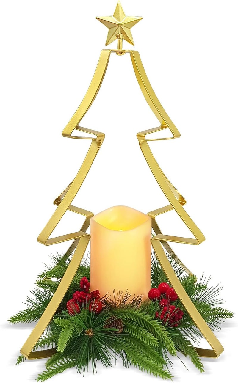 LEWIS&WAYNE Christmas Metal Tree Centerpiece Table Decoration Lighted Candle Holder Stand Battery Operated and Timer for Xmas Holiday Table Fireplace Mantle Decorations - Image 1