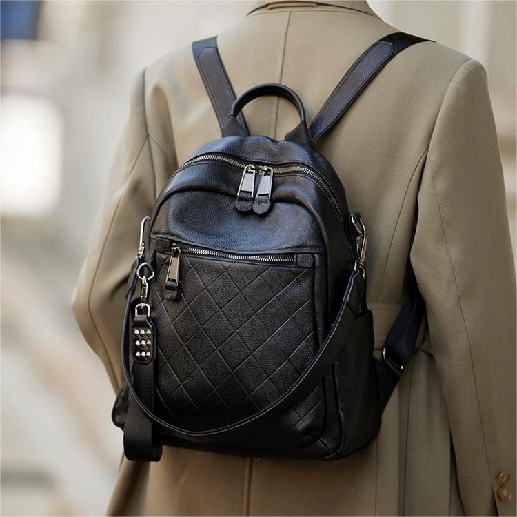 Wesccimo Genuine Leather Backpack Purse For Women Black Quilted Real Soft Leather Fashion Designer Convertible Ladies Shoulder Bag - Image 2