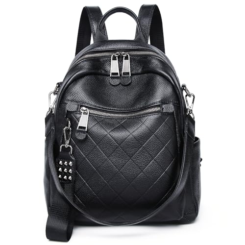 Wesccimo Genuine Leather Backpack Purse For Women Black Quilted Real Soft Leather Fashion Designer Convertible Ladies Shoulder Bag - Image 1