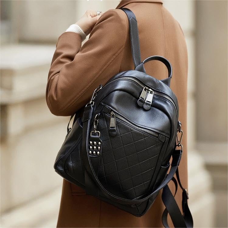 Wesccimo Genuine Leather Backpack Purse For Women Black Quilted Real Soft Leather Fashion Designer Convertible Ladies Shoulder Bag - Image 3