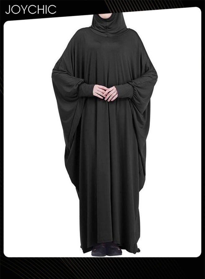 Joychic ملابس صلاة نسائية مسلمة بلون موحد بأكمام بات سليف لحماية من الشمس فستان طويل أسود - Image 1
