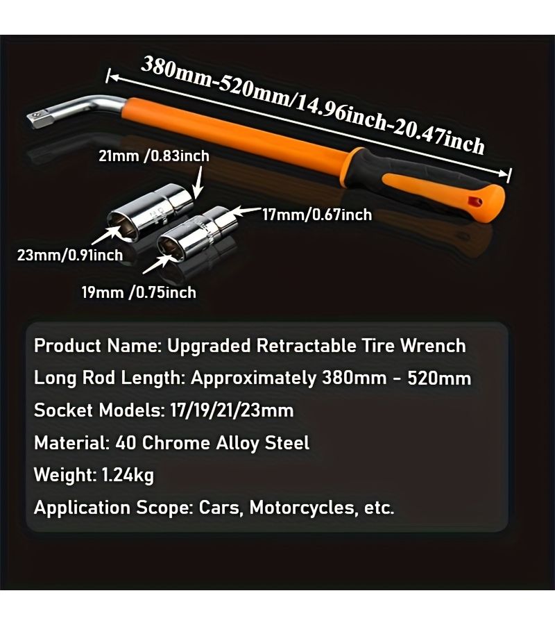Orange Heavy Duty Telescoping Lug Wrench With 17 19 21 23mm Sockets - Image 4