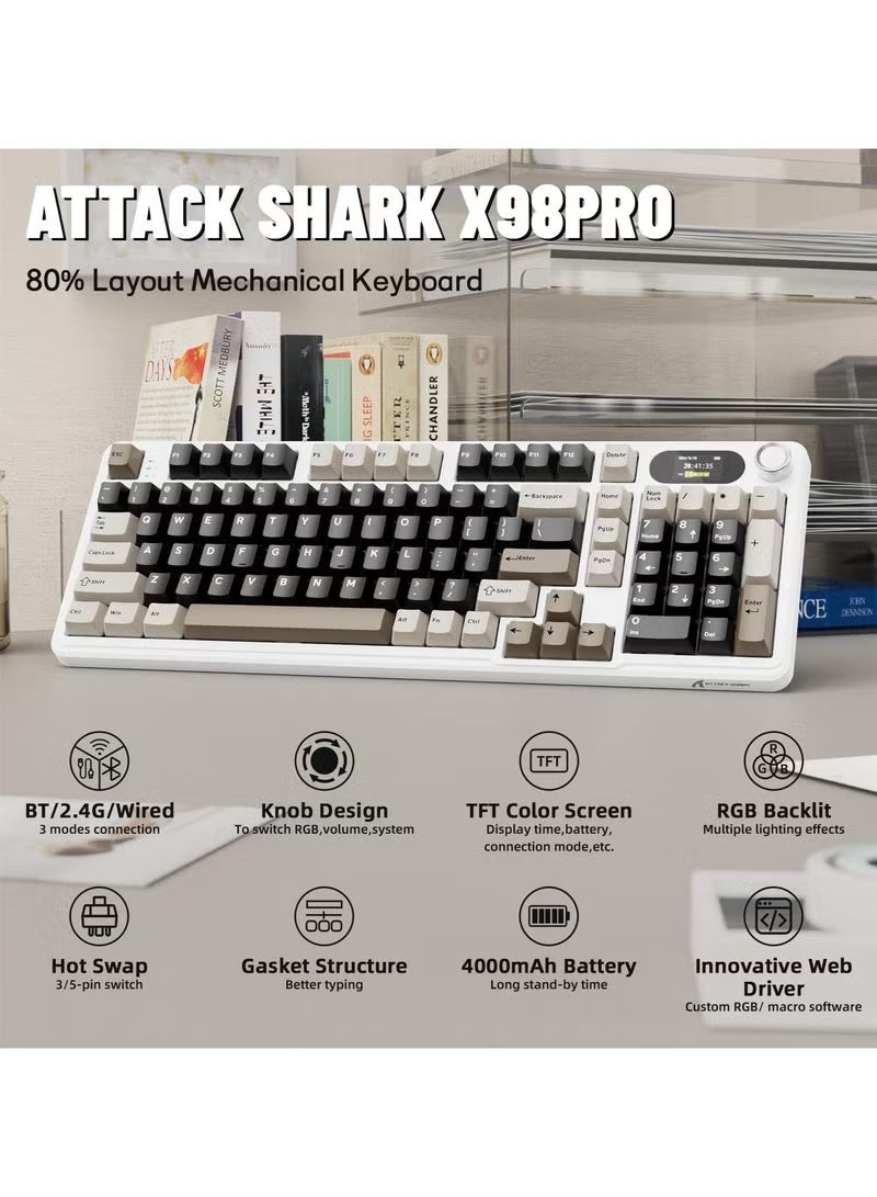 Attack Shark X98 Pro Wireless Mechanical Keyboard,Tri-Mode BT5.0/2.4G/Wired Custom Keyboard with Smart Display&Knob,98 Keys Hot Swappable,Web Driver RGB Gaming Keyboard for PC/Mac/PS4/Xbox - Image 2