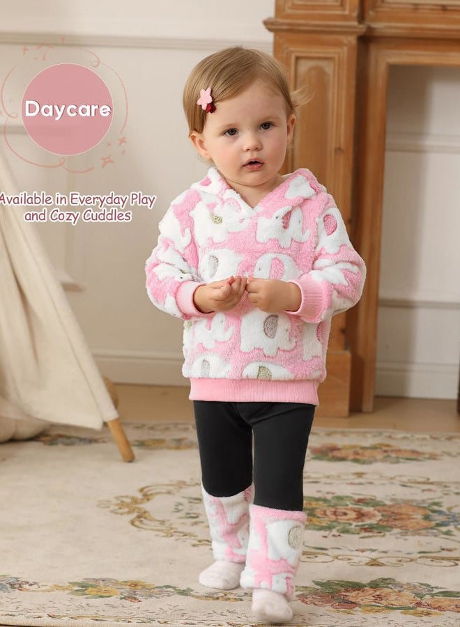 Jecson Baby Girl Winter Clothes Fleece Hoodie & Thermal Pants Set Toddler Girl Fall Outfits Cute Prints Infant Clothing, Pink, 9-12 Months - Image 2