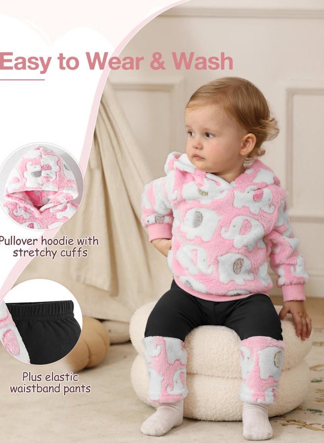 Jecson Baby Girl Winter Clothes Fleece Hoodie & Thermal Pants Set Toddler Girl Fall Outfits Cute Prints Infant Clothing, Pink, 9-12 Months - Image 3