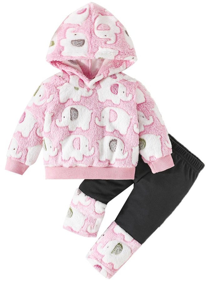 Jecson Baby Girl Winter Clothes Fleece Hoodie & Thermal Pants Set Toddler Girl Fall Outfits Cute Prints Infant Clothing, Pink, 9-12 Months - Image 1