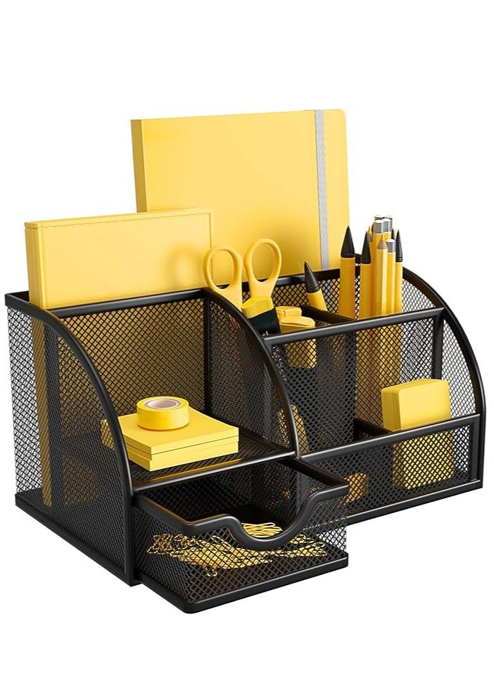 Multifunctional Mesh Desk Organizer, Office Supplies Holder with 6 Storage Spaces and 1 Drawer for Home, Office, School, Classroom - Image 1