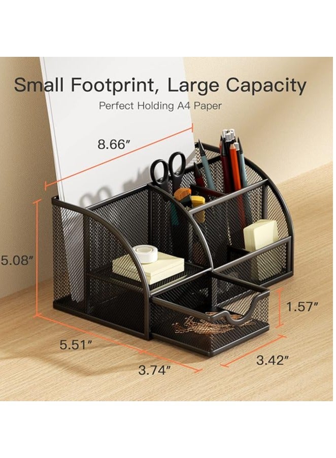 Multifunctional Mesh Desk Organizer, Office Supplies Holder with 6 Storage Spaces and 1 Drawer for Home, Office, School, Classroom - Image 2