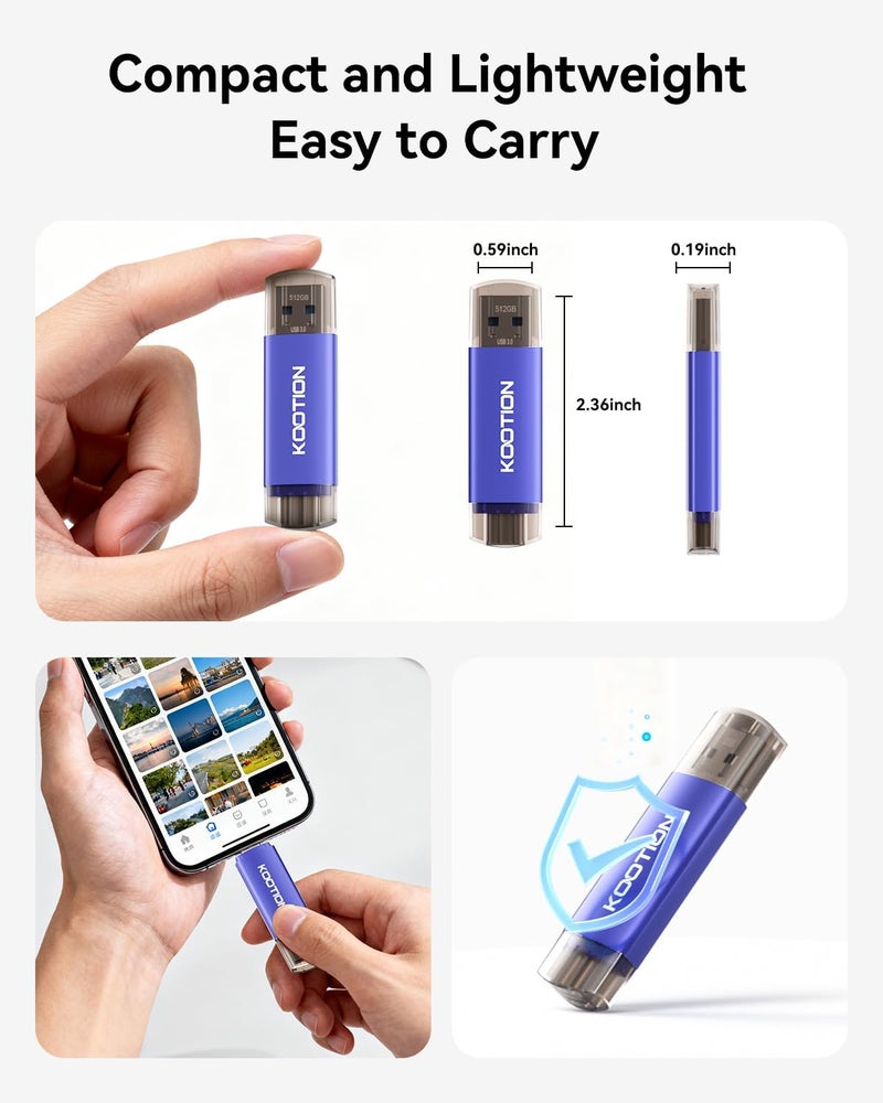 Kootion 512 جيجابايت فلاش درايف USB C، فلاش درايف 2 في 1 نوع-C USB-A و USB-C 3.0، محرك مزدوج OTG، ذاكرة فلاش لهواتف أندرويد/أجهزة لوحية/حاسوب - Image 4