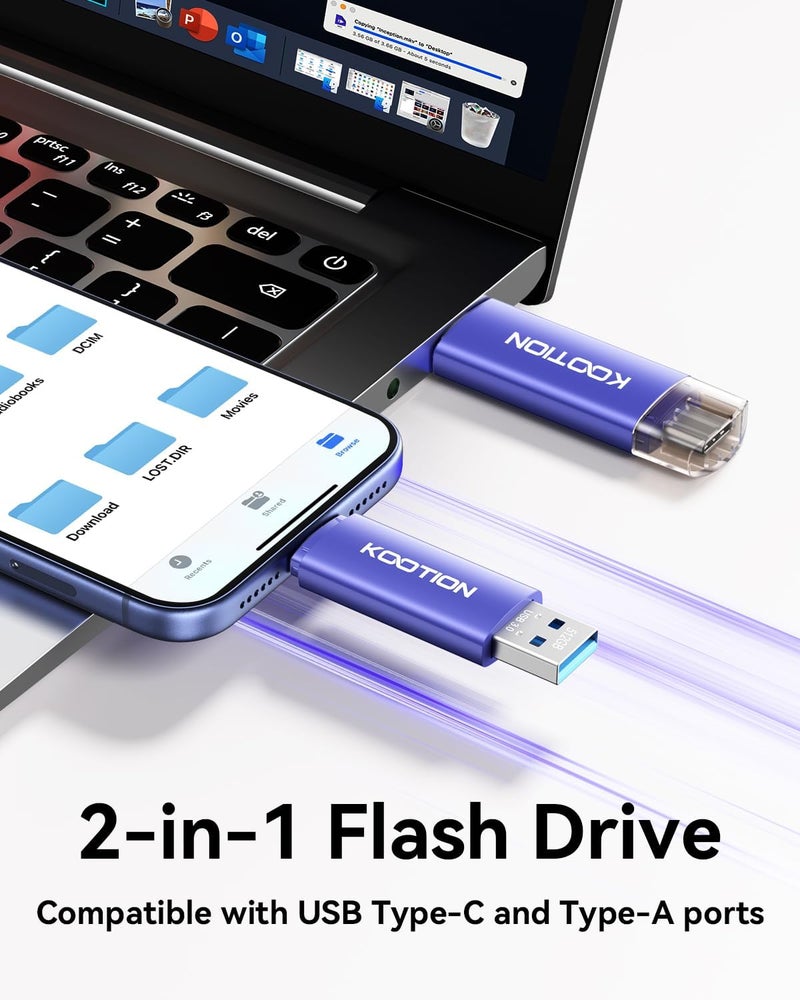 Kootion 512 جيجابايت فلاش درايف USB C، فلاش درايف 2 في 1 نوع-C USB-A و USB-C 3.0، محرك مزدوج OTG، ذاكرة فلاش لهواتف أندرويد/أجهزة لوحية/حاسوب - Image 2