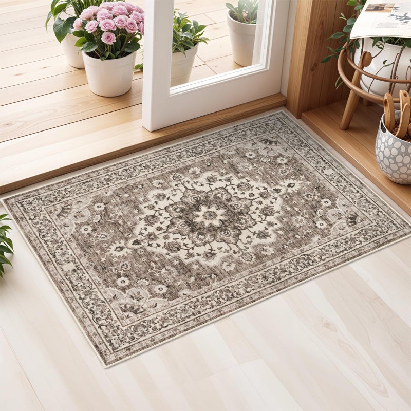 TOPRUUG Washable Oriental Area Rug - 2x3 Rugs for Living Room Soft Carpet for Bedroom Waterproof Floral Distressed Indoor Stain Resistant Non-Shedding Floor Carpets (Beige, 2x3) - Image 1