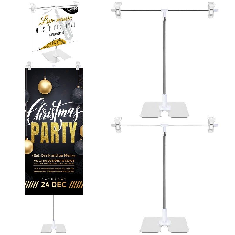 Dunzy 2 Pack Adjustable Metal Banner Holder Table Top Banner Display Poster Stand T Shaped Stand Desktop Business Poster Holder Advertising Display Sign for Indoor Outdoor Store Board