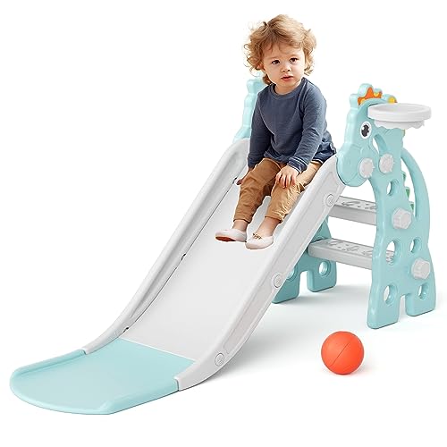 GLAF Toddler Slide Baby Kids Indoor Slide for Toddlers 13 Indoor Outdoor Playset with Basketball Hoop and Ball Kids Backyard Climber Set Mint - Image 1