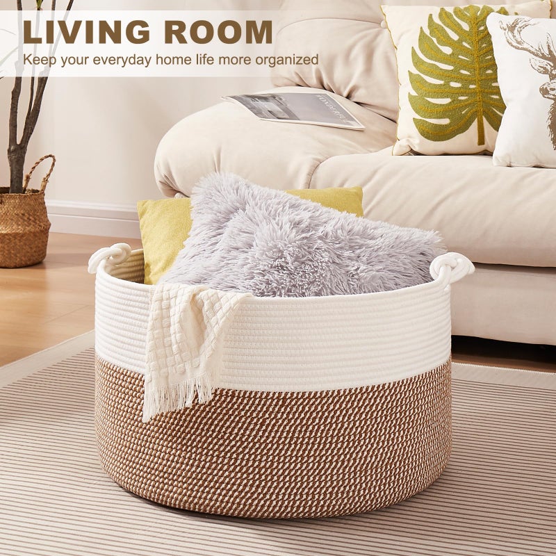 OIASKET Large Blanket Storage Basket for Living Room, 22.8" x 22.8" x 13" Woven Cotton Rope Basket with Handles, Baby Toy Storage, Laundry Hamper for Clothes, Pillows, Towels-Yellow and White - Image 2