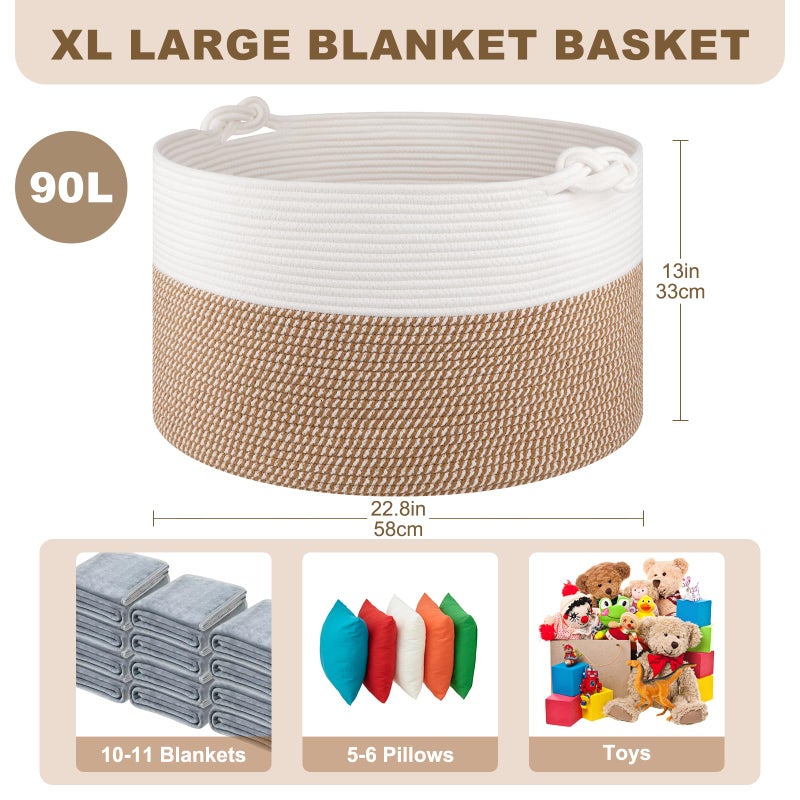 OIASKET Large Blanket Storage Basket for Living Room, 22.8" x 22.8" x 13" Woven Cotton Rope Basket with Handles, Baby Toy Storage, Laundry Hamper for Clothes, Pillows, Towels-Yellow and White - Image 3