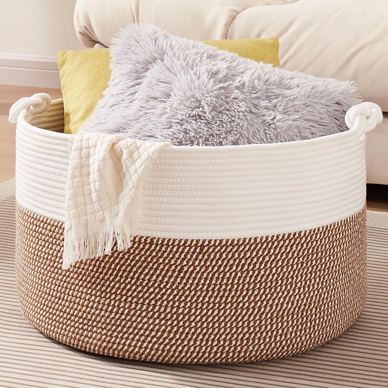 OIASKET Large Blanket Storage Basket for Living Room, 22.8" x 22.8" x 13" Woven Cotton Rope Basket with Handles, Baby Toy Storage, Laundry Hamper for Clothes, Pillows, Towels-Yellow and White - Image 1