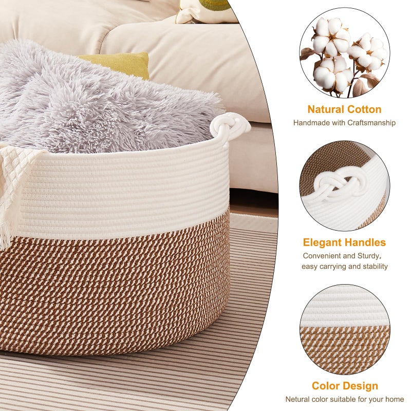 OIASKET Large Blanket Storage Basket for Living Room, 22.8" x 22.8" x 13" Woven Cotton Rope Basket with Handles, Baby Toy Storage, Laundry Hamper for Clothes, Pillows, Towels-Yellow and White - Image 4
