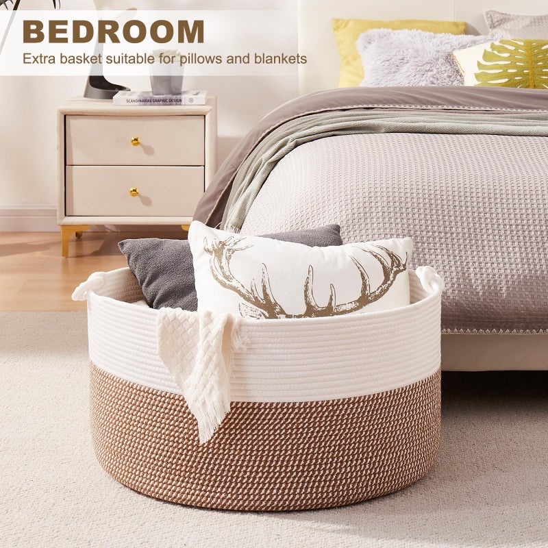OIASKET Large Blanket Storage Basket for Living Room, 22.8" x 22.8" x 13" Woven Cotton Rope Basket with Handles, Baby Toy Storage, Laundry Hamper for Clothes, Pillows, Towels-Yellow and White - Image 5