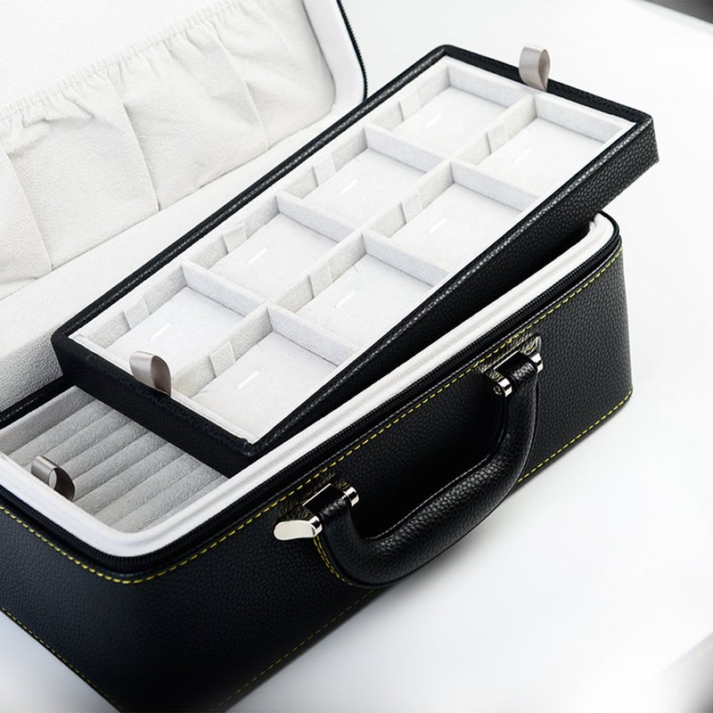 Oirlv Black Leather Jewelry Box Handmade Travel Jewelry Organizer Storage Case Holder For Girl Lady Earring,Ring,Necklace,Pendant,Watch,Bracelet.(3 layers) - Image 3