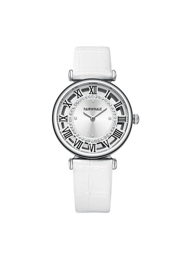 Mark Fairwhale Women's Quartz Watch with Diamond Accents, Silver Round Dial and White Genuine Leather Strap, Water-Resistant - Image 1