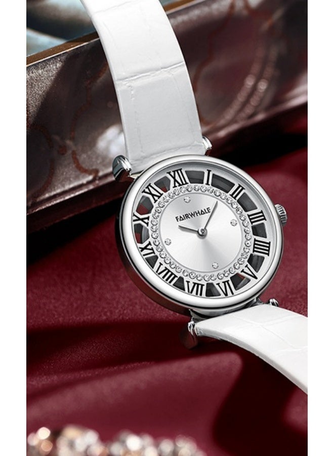 Mark Fairwhale Women's Quartz Watch with Diamond Accents, Silver Round Dial and White Genuine Leather Strap, Water-Resistant - Image 2