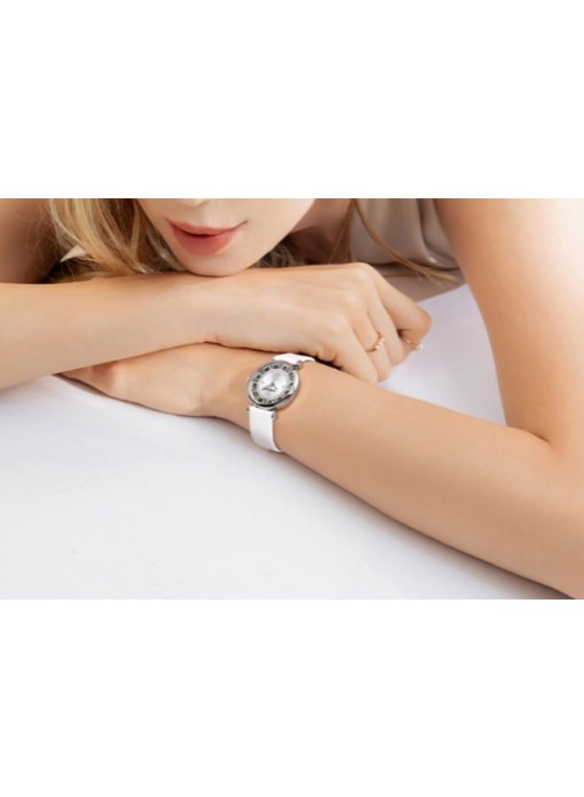 Mark Fairwhale Women's Quartz Watch with Diamond Accents, Silver Round Dial and White Genuine Leather Strap, Water-Resistant - Image 3