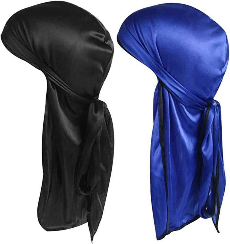 ChicAbode Silky Durag Men Soft Silk Durags 360 Waves Headwraps Unisex Cap Bandana Turban Hat with Long Tails and Wide Straps for Kids Women 2 Pcs (Black, Royal blue) - Image 1