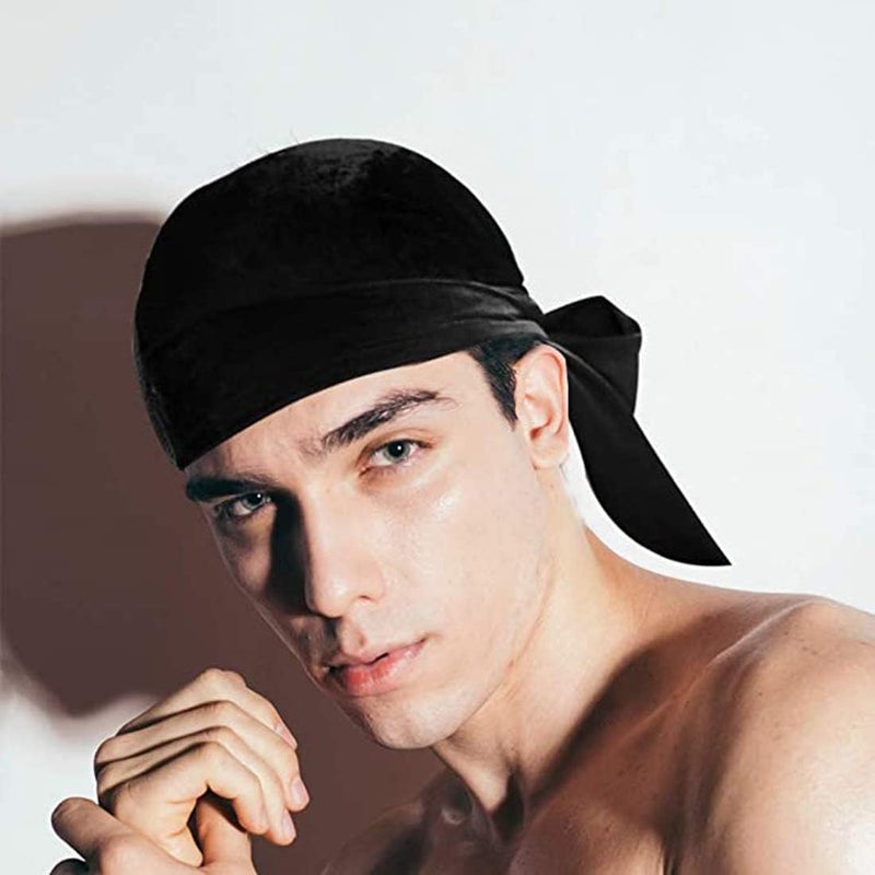 ChicAbode Silky Durag Men Soft Silk Durags 360 Waves Headwraps Unisex Cap Bandana Turban Hat with Long Tails and Wide Straps for Kids Women 2 Pcs (Black, Royal blue) - Image 3