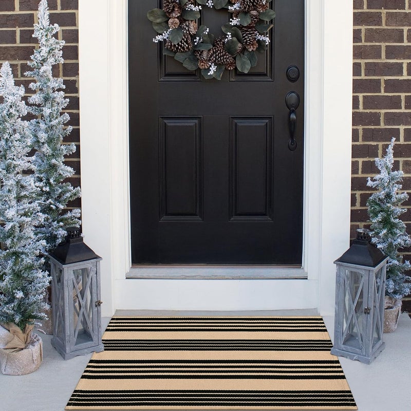 Sungea Black and Khaki Striped Outdoor Rug 24"x35", Cotton Hand-Woven Foldable Front Door Mat, Washable Reversible Layered Door Mats for Entryway Porch Decor Home Entrance - Image 1