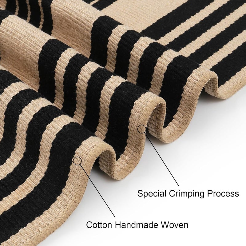 Sungea Black and Khaki Striped Outdoor Rug 24"x35", Cotton Hand-Woven Foldable Front Door Mat, Washable Reversible Layered Door Mats for Entryway Porch Decor Home Entrance - Image 3
