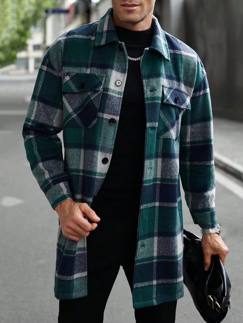 Men's Long Trench Coat with Button Front and Flap Pockets - Casual Plaid Windbreaker Jacket