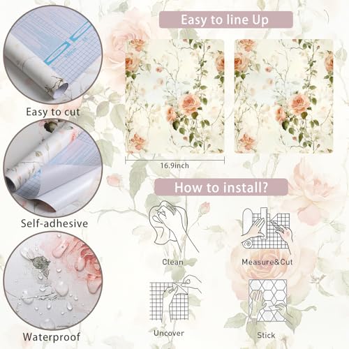 Livebor Floral Peel and Stick Wallpaper Boho Rose Flower Contact Paper 16.9in x118.1in Vintage Floral Wallpaper Peel and Stick Removable Self Adhesive Wall Paper for Bathroom Cabinets Decor Vinyl Roll - Image 5