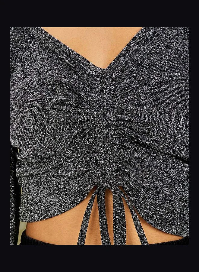 Styli Blouson Sleeves Shimmer Look Knit Top with Ruched Detail