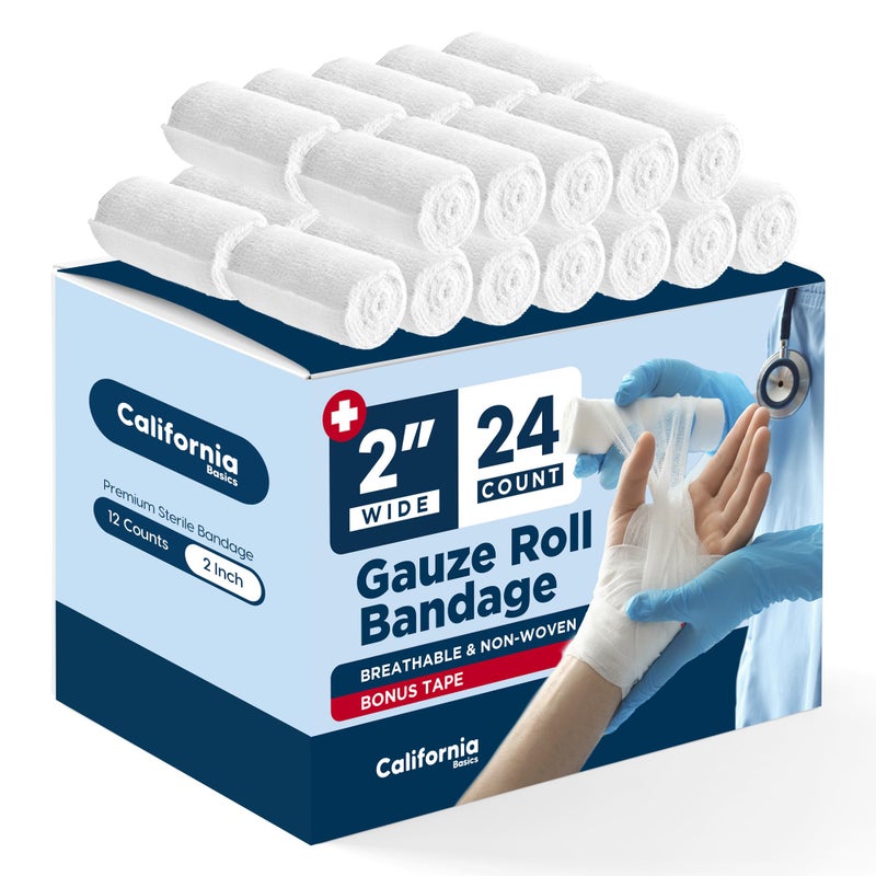 California Basics 24-Pack Gauze Bandage Roll with Tape, 2 Inches x 4 Yards - Soft, Stretchable & Breathable Wrap for Wound Care, First Aid & Medical Supplies - White - Image 1