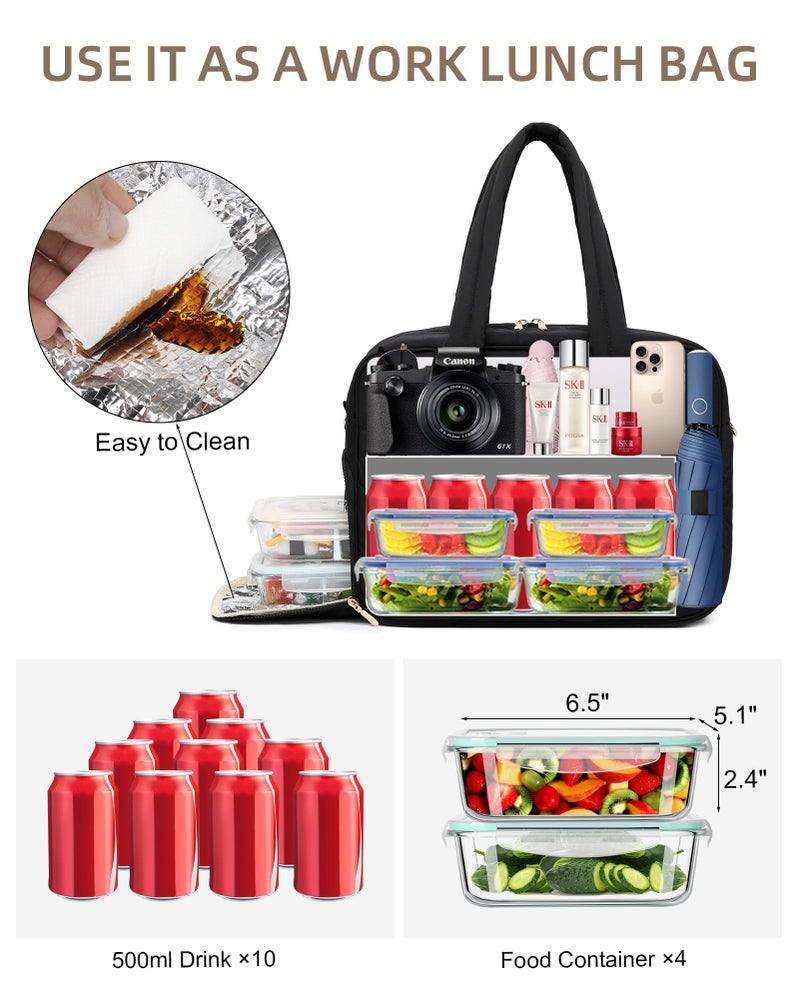 BAVERGE Lunch Tote Bag for Women Work, 15.6 Inch Laptop Purse with Insulated Lunch Compartment Coin Wallet for Meal, Large Puffy Quilted Travel Duffle Bag - Image 4