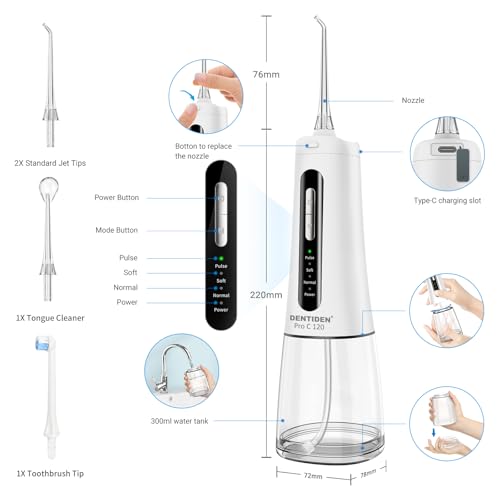 Dentiden Pro C 120 | Portable Dental Flosser with 4 Nozzles, IPX7 Waterproof | Cordless, Rechargeable, 300ml Tank, 4 Cleaning Modes, 120 PSI Pressure, 45 Days Usage | 4 Operating Modes | Oral Irrigator - Image 3