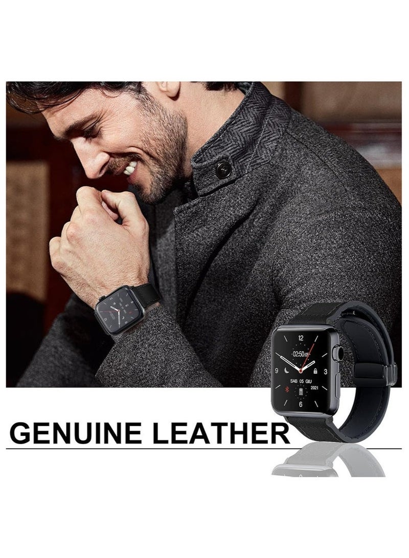 Magnetic Leather Watch Band for Apple Watch Ultra, 49mm 45mm 44mm 42mm, Magnetic Buckle Replacement Genuine Leather Strap for Apple Watch Series, Black - Image 3
