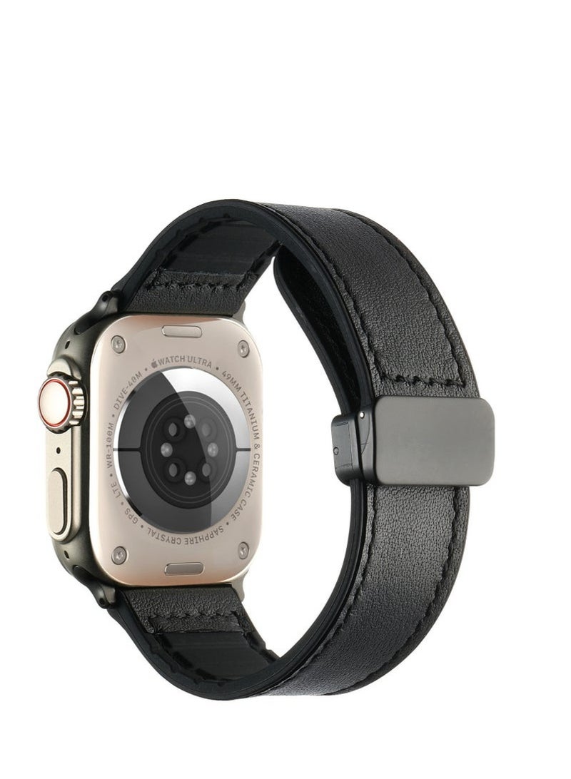 Magnetic Leather Watch Band for Apple Watch Ultra, 49mm 45mm 44mm 42mm, Magnetic Buckle Replacement Genuine Leather Strap for Apple Watch Series, Black - Image 2
