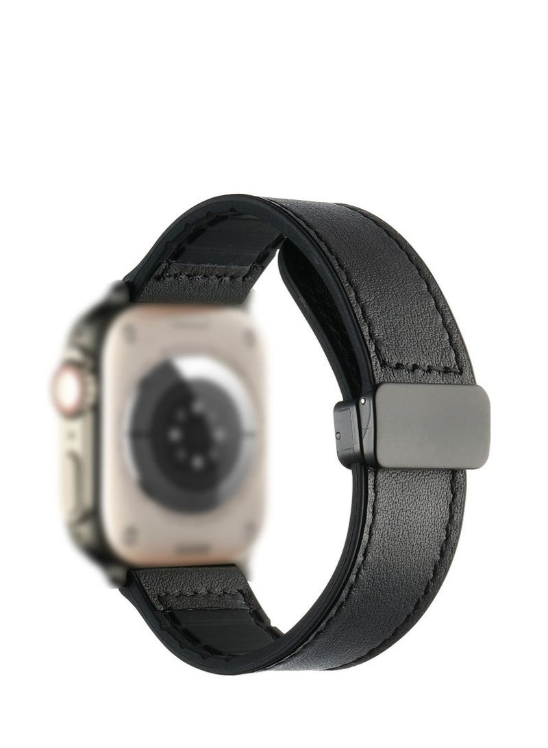 Magnetic Leather Watch Band for Apple Watch Ultra, 49mm 45mm 44mm 42mm, Magnetic Buckle Replacement Genuine Leather Strap for Apple Watch Series, Black - Image 1