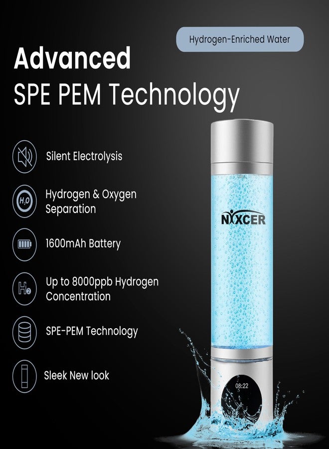 زجاجة مياه نيكسر هيدروجين برو – 8000 جزء في المليار من الهيدروجين، SPE/PEM، شاشة OLED، وضع مزدوج (5/10 دقائق)، قابلة لإعادة الشحن عبر USB-C – مولد هيدروجين محمول للعافية والاستشفاء والنادي الرياضي وكهدية (فضي) - Image 2