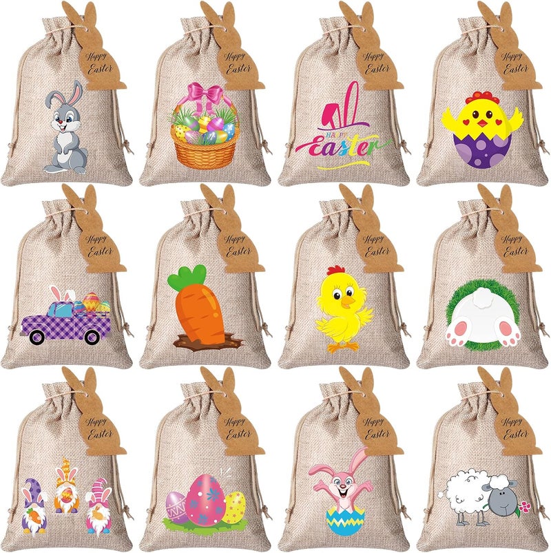 Shappy 24 Pcs Easter Burlap Drawstring Bags Easter Burlap Bags with Drawstrings Bunny Linen Goody Gift Bags with Double Jute Drawstrings Easter Bags Burlap Easter Bunny Bags for Easter Classic Style - Image 1