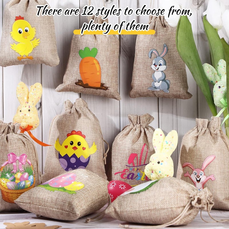 Shappy 24 Pcs Easter Burlap Drawstring Bags Easter Burlap Bags with Drawstrings Bunny Linen Goody Gift Bags with Double Jute Drawstrings Easter Bags Burlap Easter Bunny Bags for Easter Classic Style - Image 2