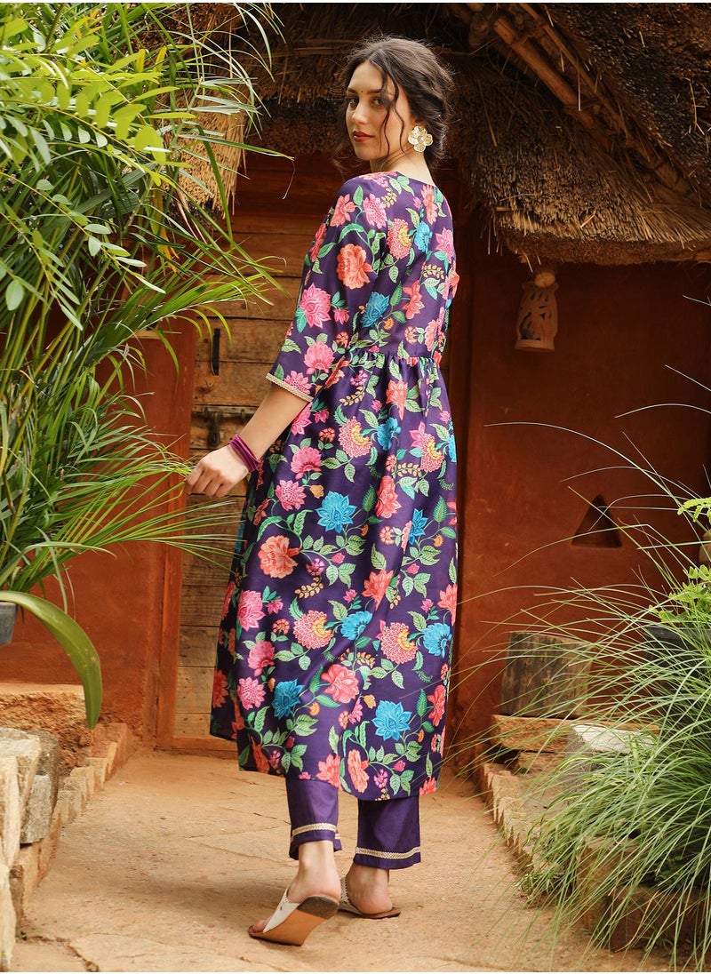QISSA Qissa Women's Amethyst Purple Flora Cluster Kurta With Trousers And Dupatta For Casual Wear | V-Neck | Quarter Sleeves | 3 Piece Kurta Set Designed With Comfort Fit For Everyday Ethnic Wear  - Image 5