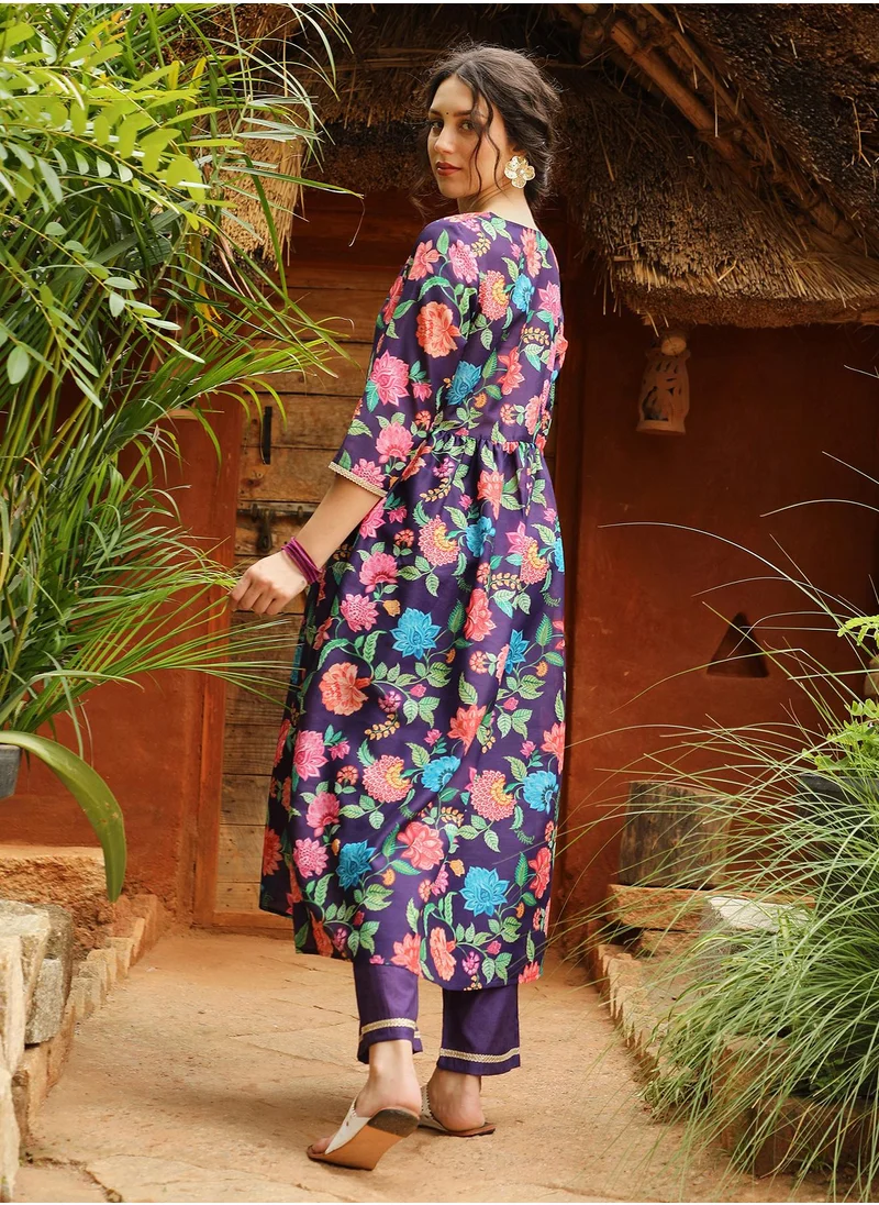 QISSA Women's Amethyst Purple Flora Cluster Kurta With Trousers And Dupatta