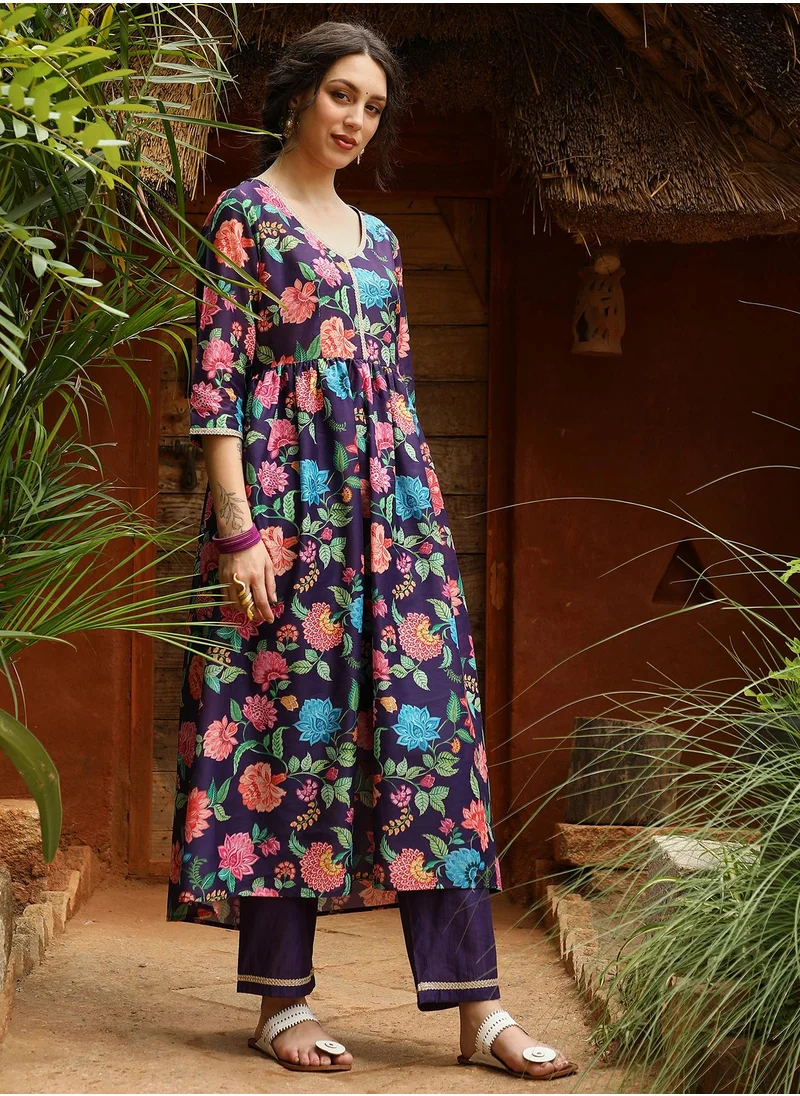 QISSA Women's Amethyst Purple Flora Cluster Kurta With Trousers And Dupatta