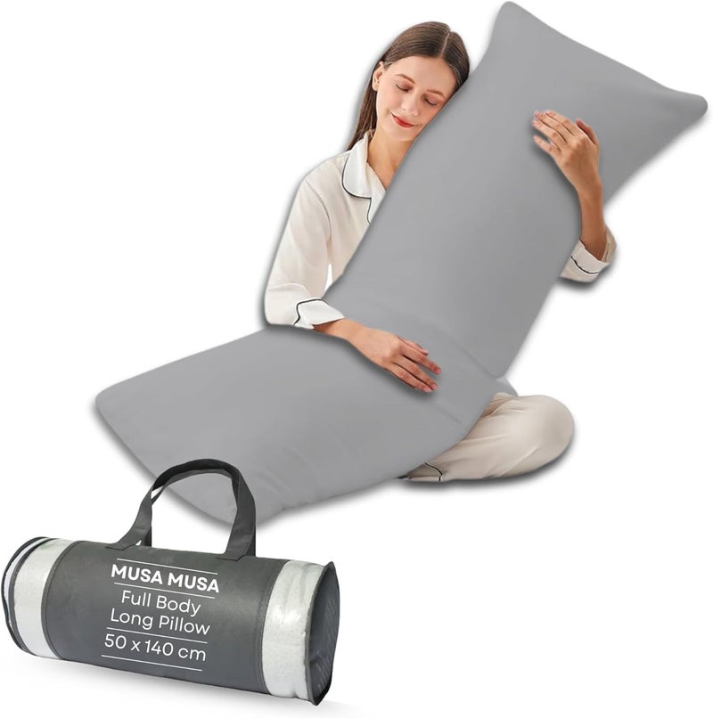 MUSA MUSA® Full Body Long Pillow with 300 Cotton TC - Breathable Polyester Filling, Pregnancy Pillow for Belly Support, Sleeping, Side Sleeper & Back Sleepers Maternity Pillow (Light Grey, 50 x 140cm) - Image 1