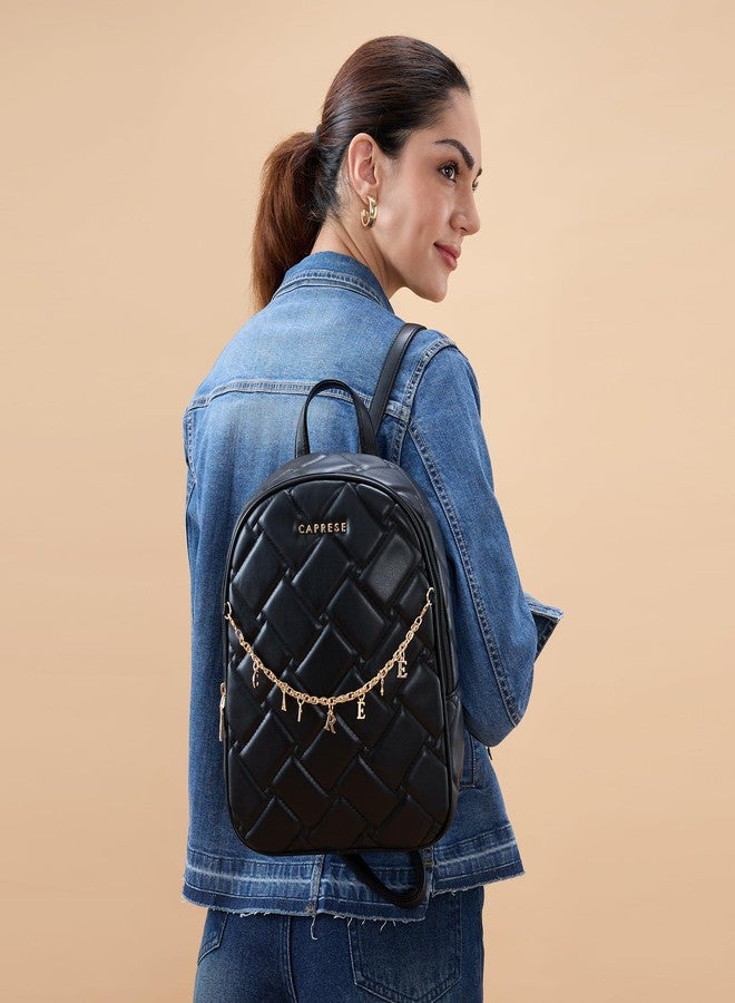 Caprese Winter Fashion Backpack Medium Bag for Women with Adjustable Shoulder Straps | Multiâ€‘Compartment Design with Zipper Closure & Detachable Letter Chain Charm (Black) - Image 2