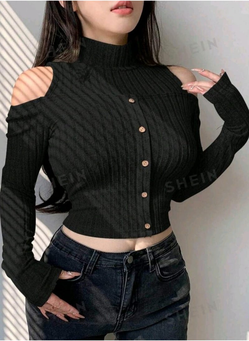 Dazy SHEIN BAE Fringe Trim Tee BLACK  - Image 1